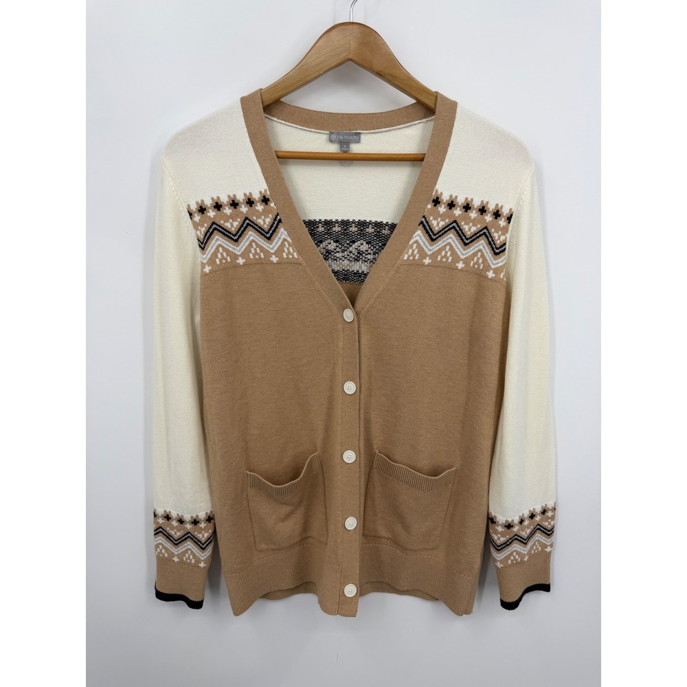 T by Talbots Nordic Fair Isle Cardigan Sweater sz M Tan Cream Geometric Knit